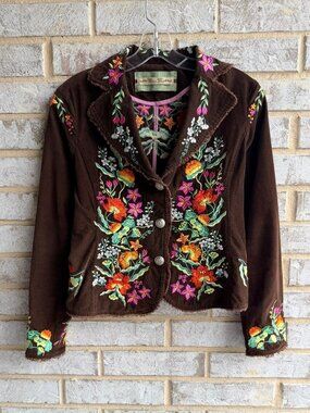MIss Me Long Sleeve Floral Embroidered Button Front Y2K Corduroy Blazer Size S ?